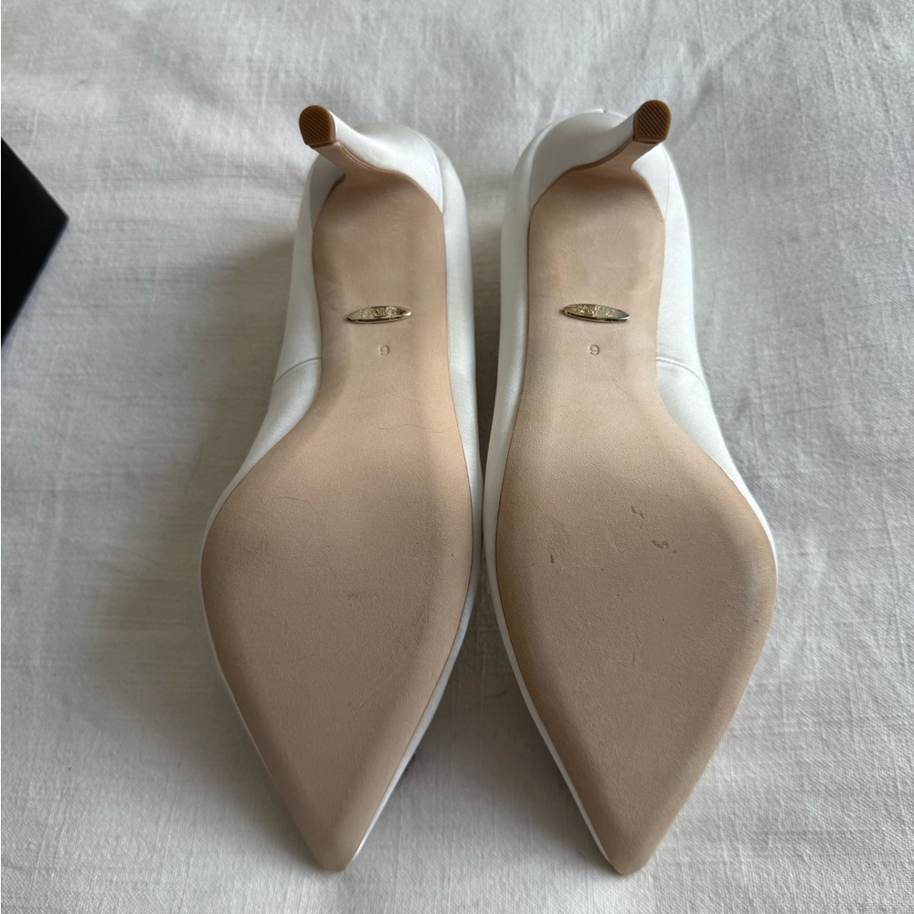 Badgley Mischka White Satin Crystal Buckle Heels / Cher Pumps - Picture 4 of 5